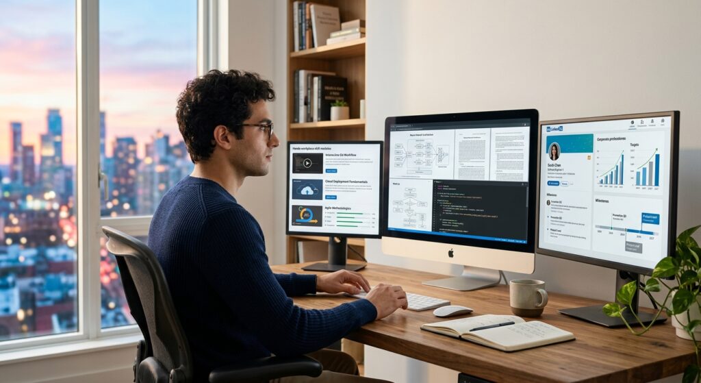 An editorial-style photograph of a focused young professional sitting in a modern, sunlit home office, looking thoughtfully toward three distinct digital displays. One screen shows complex academic architecture and lines of code, another displays corporate professional milestones and data visualizations, and the third shows practical, hands-on workplace skill modules. The room is minimalist and clean, with a large window revealing a soft-focus city skyline at dawn, symbolizing career potential and growth. The lighting is a sophisticated blend of natural morning light and the gentle blue glow of high-tech interfaces, creating an atmosphere of ambition, clarity, and the pursuit of knowledge in a digital age.